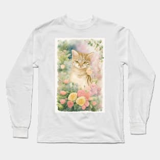 Tabby Cat in the Flower Garden Long Sleeve T-Shirt